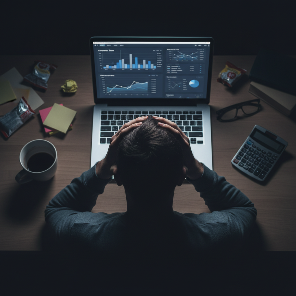 Emprendedor frustrado revisando métricas de su funnel por la noche